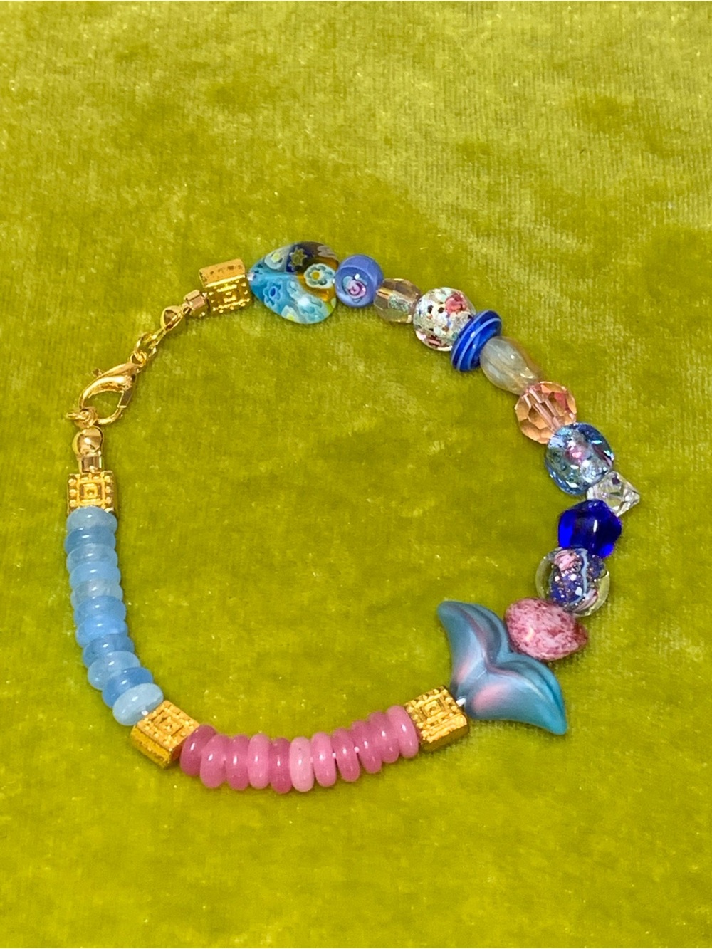 Handcrafted Blue & Pink Glass Bead Bracelet with Gold Accents